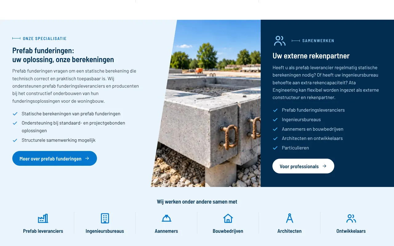 Homepage: de specialisatieband over prefab funderingen, een foto met een schuine rand en het blok Uw externe rekenpartner, met daaronder de rij samenwerkingspartners