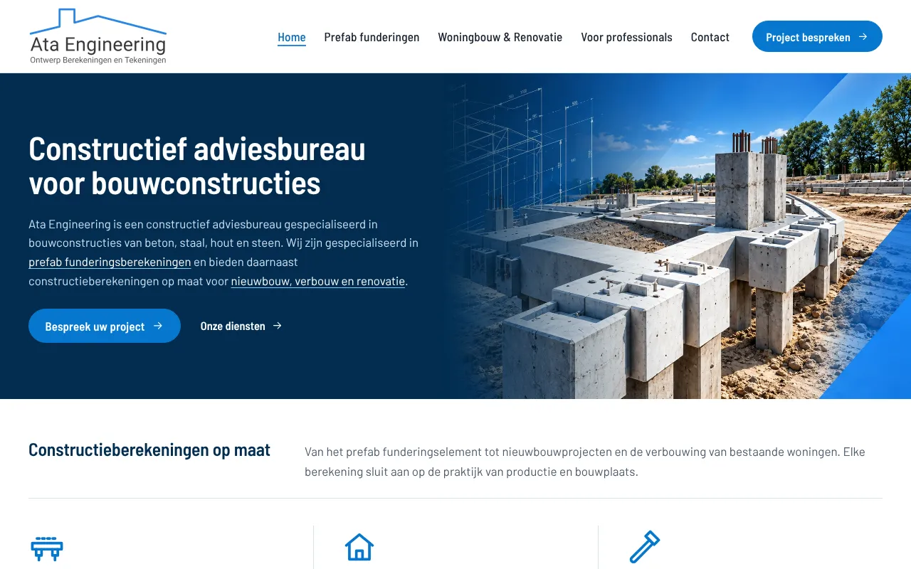 De homepage van Ata Engineering: de kop Constructief adviesbureau voor bouwconstructies op donkerblauw, naast een render van prefab poeren en funderingsbalken, met de knoppen Bespreek uw project en Onze diensten