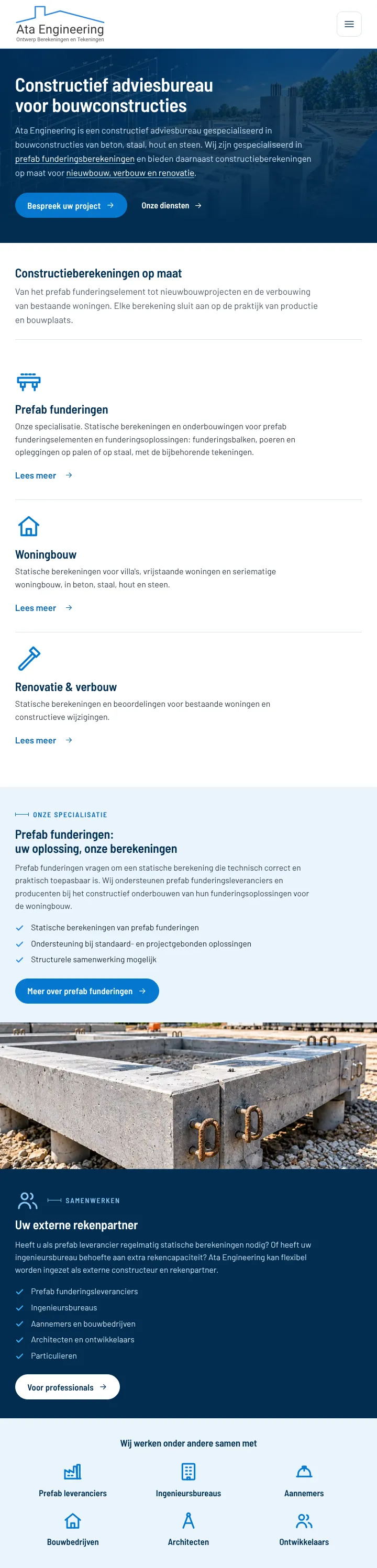 Homepage van www.ataengineering.nl, van de opening Constructief adviesbureau voor bouwconstructies via de drie diensten en de band over prefab funderingen tot de rij samenwerkingspartners