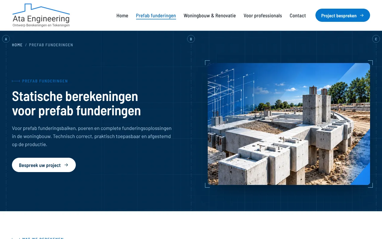 Pagina Prefab funderingen: de kop Statische berekeningen voor prefab funderingen naast een render van prefab poeren en balken, met aslijnen A, B en C langs de rand