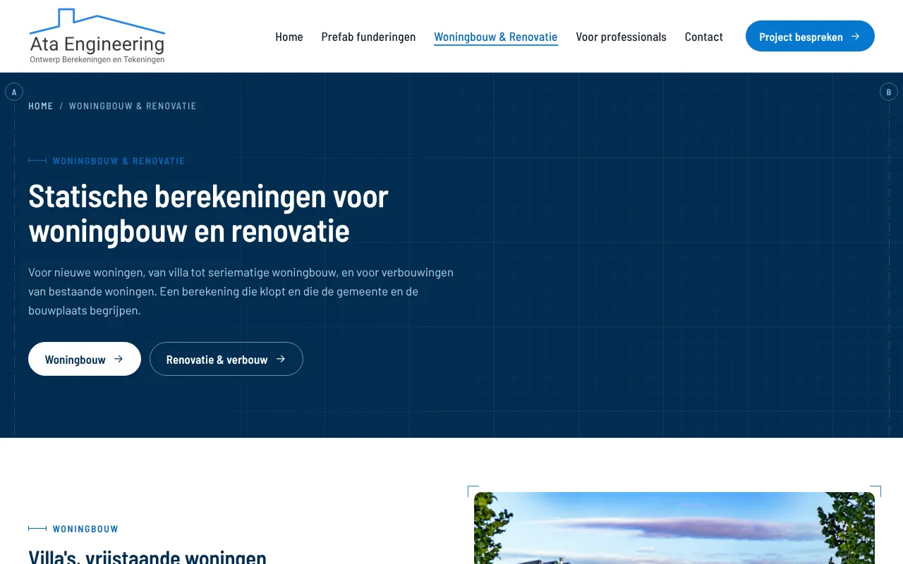 Pagina Woningbouw & Renovatie: de kop Statische berekeningen voor woningbouw en renovatie met de knoppen Woningbouw en Renovatie & verbouw