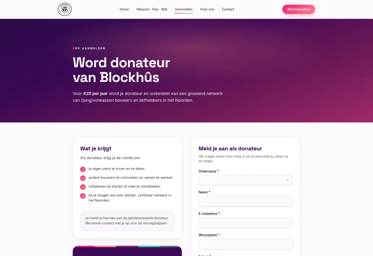 Aanmeldpagina van blockhus.nl — 'Word donateur van Blockhûs' voor €25 per jaar, een lijst met voordelen en het aanmeldformulier.