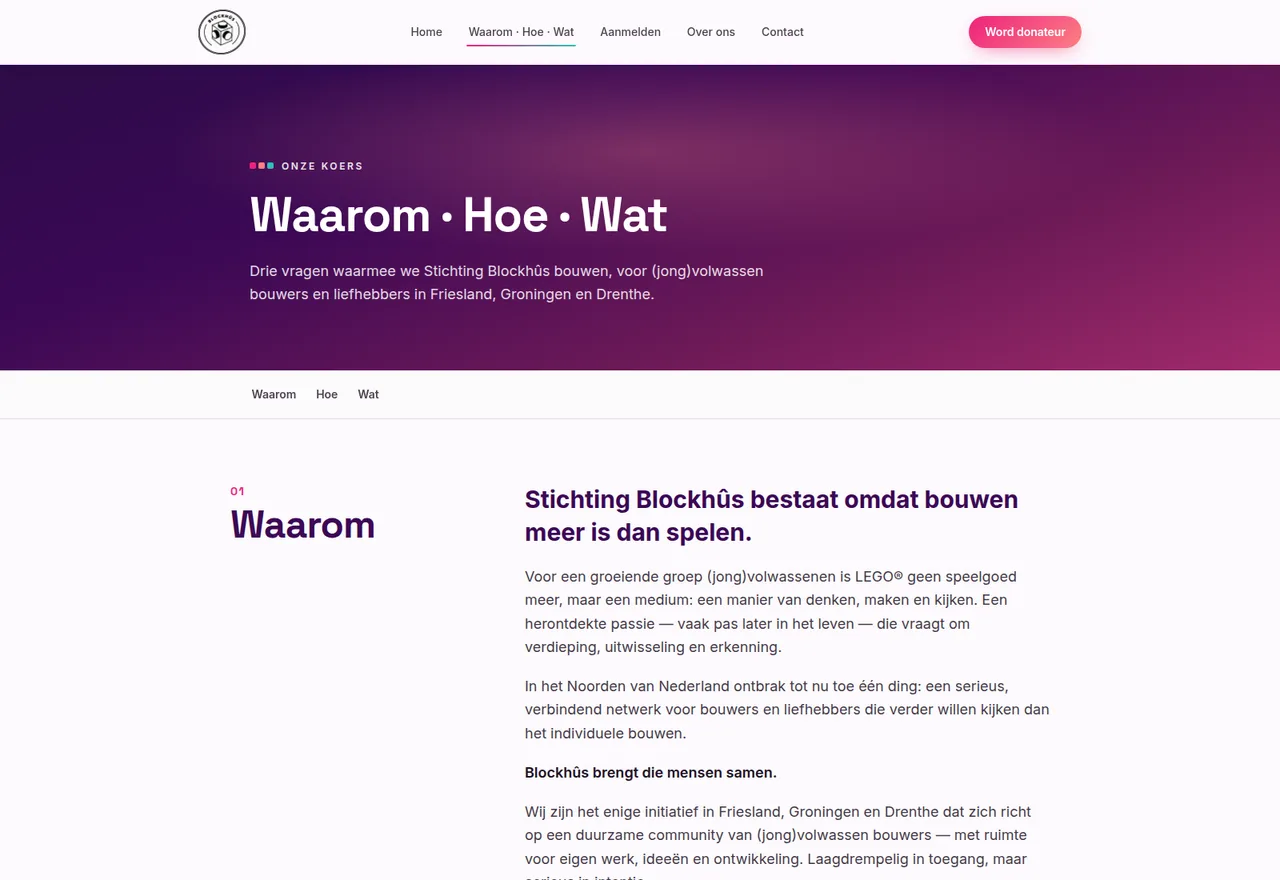 Pagina 'Waarom · Hoe · Wat' van blockhus.nl — paarse hero, subnavigatie en het hoofdstuk 'Waarom' met de tekst over bouwen als medium.