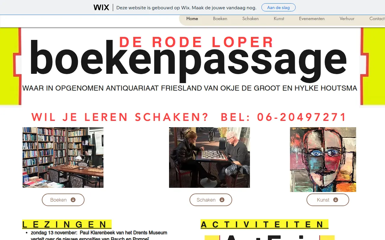 De oude Wix-homepage van Boekenpassage De Rode Loper: een reclamebalk van Wix bovenaan, het woord boekenpassage in grote letters en drie foto's met knoppen