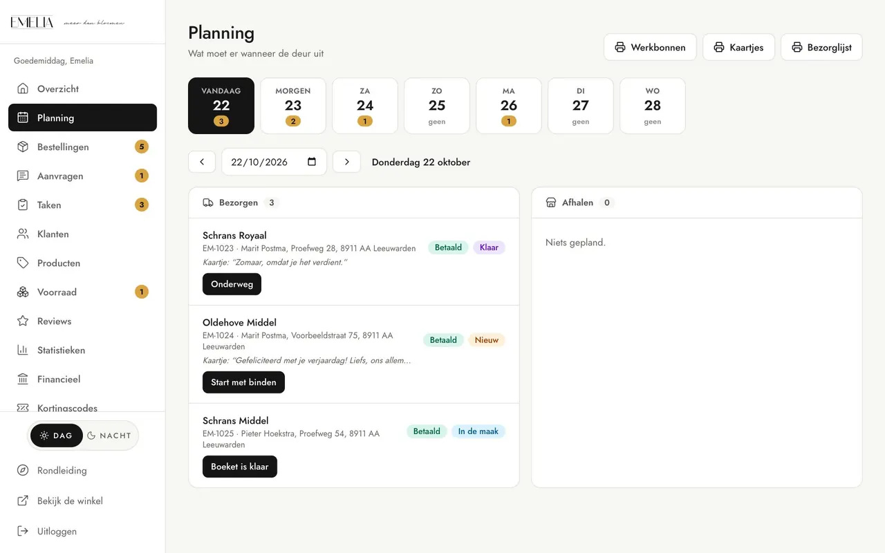 Het beheer in de demo: de planning per dag met bezorgingen, statussen en knoppen voor werkbonnen, kaartjes en bezorglijst