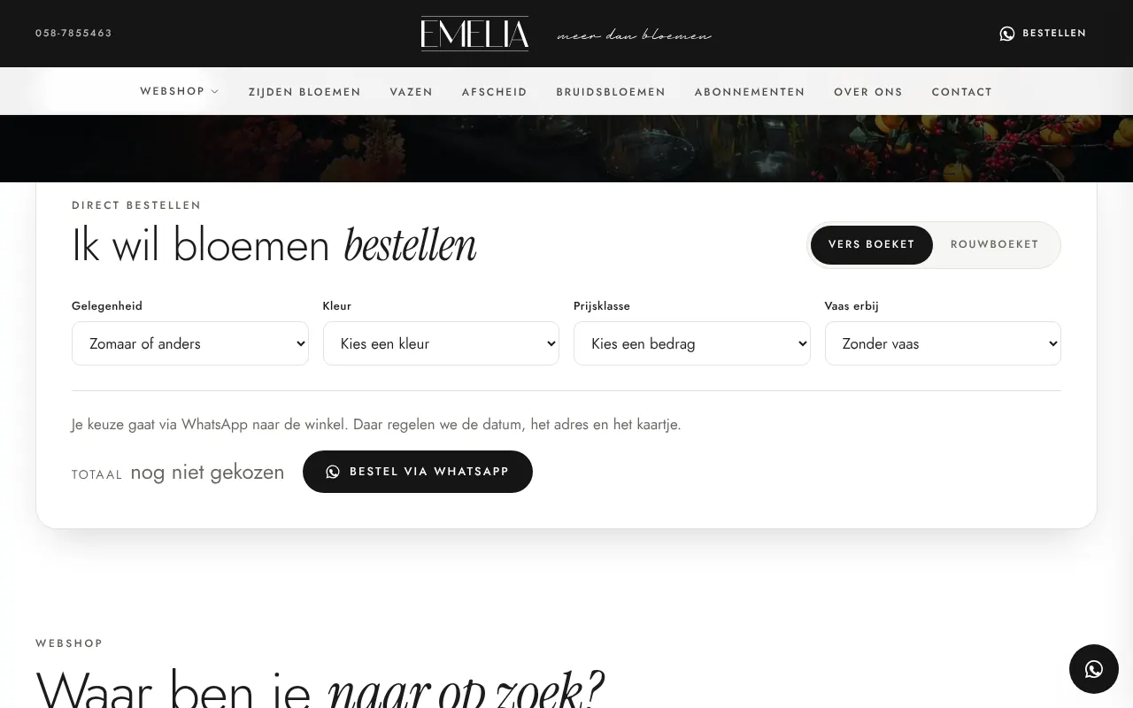 Homepage van emelia.nl: het blok Ik wil bloemen bestellen met gelegenheid, kleur, prijsklasse en vaas, en de knop Bestel via WhatsApp