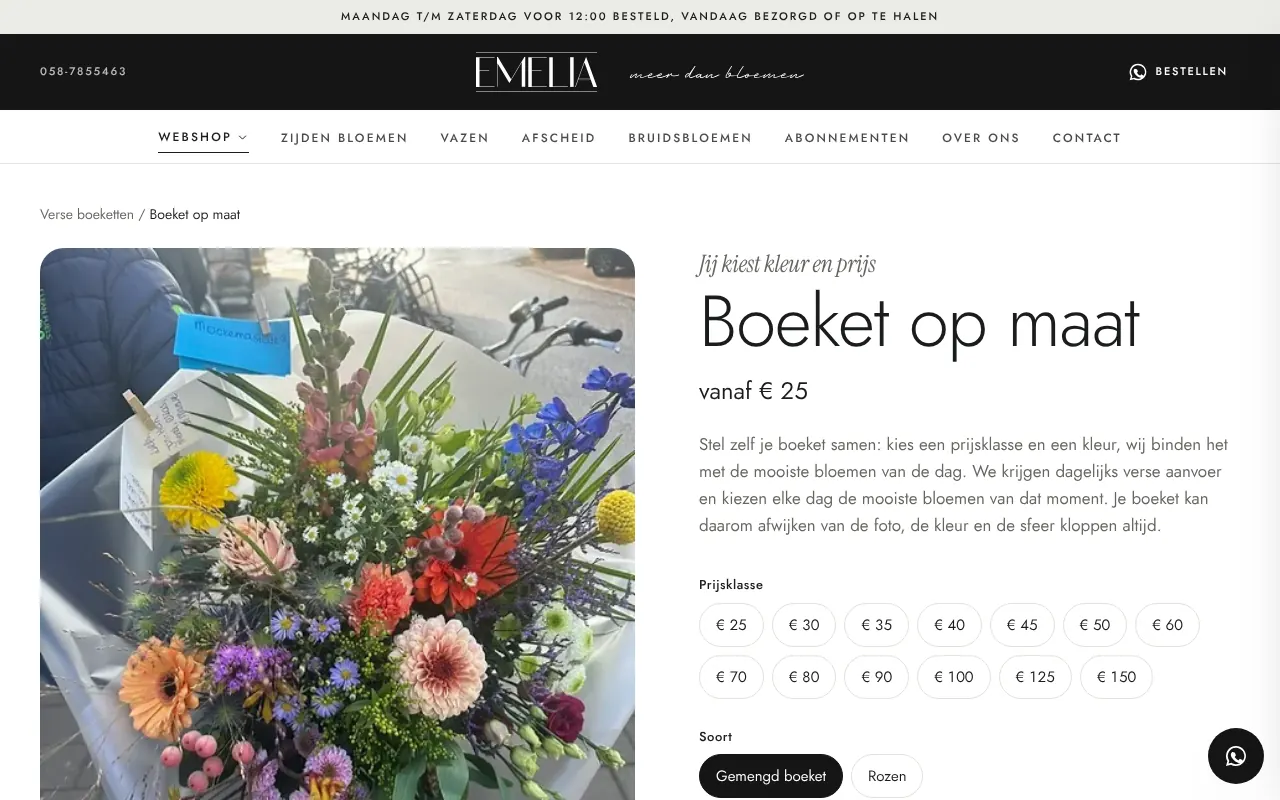 Productpagina Boeket op maat: een kleurrijk boeket naast de keuze uit prijsklassen, soort en kleur