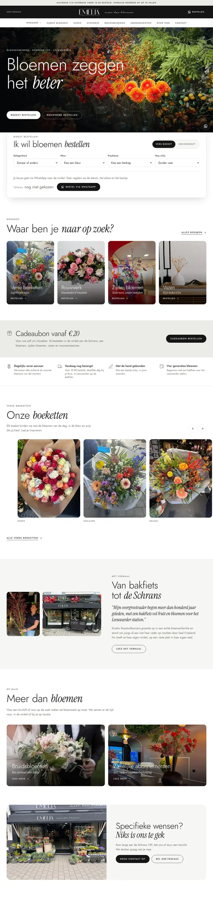Homepage van emelia.nl, van de opening Bloemen zeggen het beter via het bestelblok, de webshop, de cadeaubon en de verse boeketten tot het verhaal van de winkel en het werk op maat