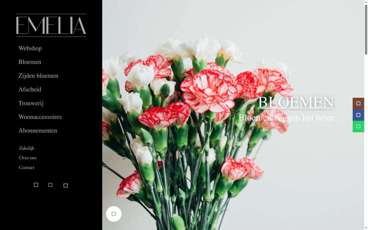 De oude WordPress-homepage van Emelia in het Internet Archive: links een zwarte kolom met haar logo en het menu, rechts een foto van rood-witte anjers met de kop Bloemen en de regel Bloemen zeggen het beter