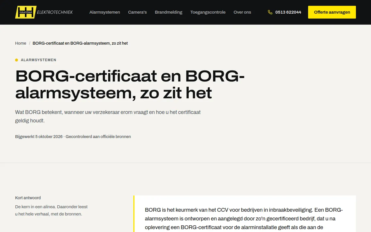 Kennisbankartikel BORG-certificaat en BORG-alarmsysteem, zo zit het, met een kort antwoord bovenaan