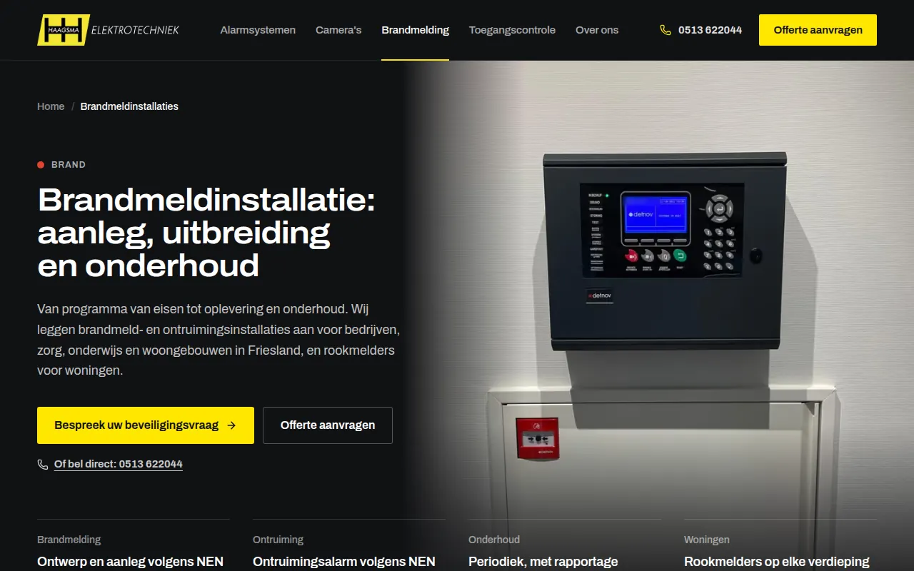 Pagina Brandmeldinstallatie: de kop aanleg, uitbreiding en onderhoud naast een foto van een brandmeldcentrale met een handmelder