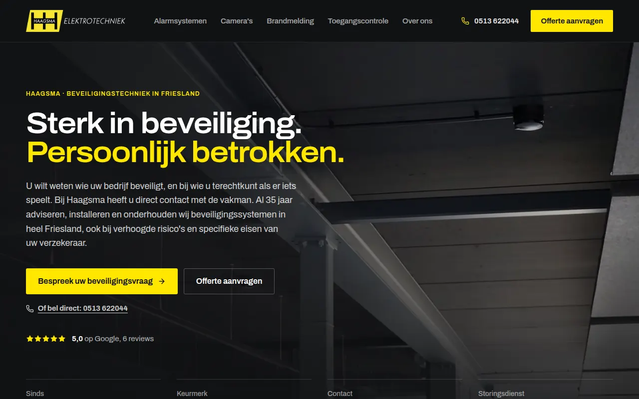 De nieuwe homepage van Haagsma: de kop Sterk in beveiliging. Persoonlijk betrokken. op een donkere foto, met de knoppen Bespreek uw beveiligingsvraag en Offerte aanvragen