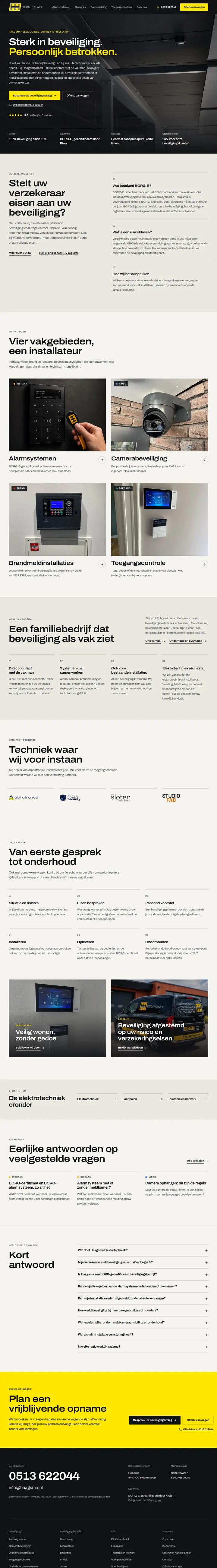 Homepage van haagsma.nl, van de opening Sterk in beveiliging. Persoonlijk betrokken. via het blok over verzekeringseisen en de vier vakken tot de werkwijze en het keurmerk