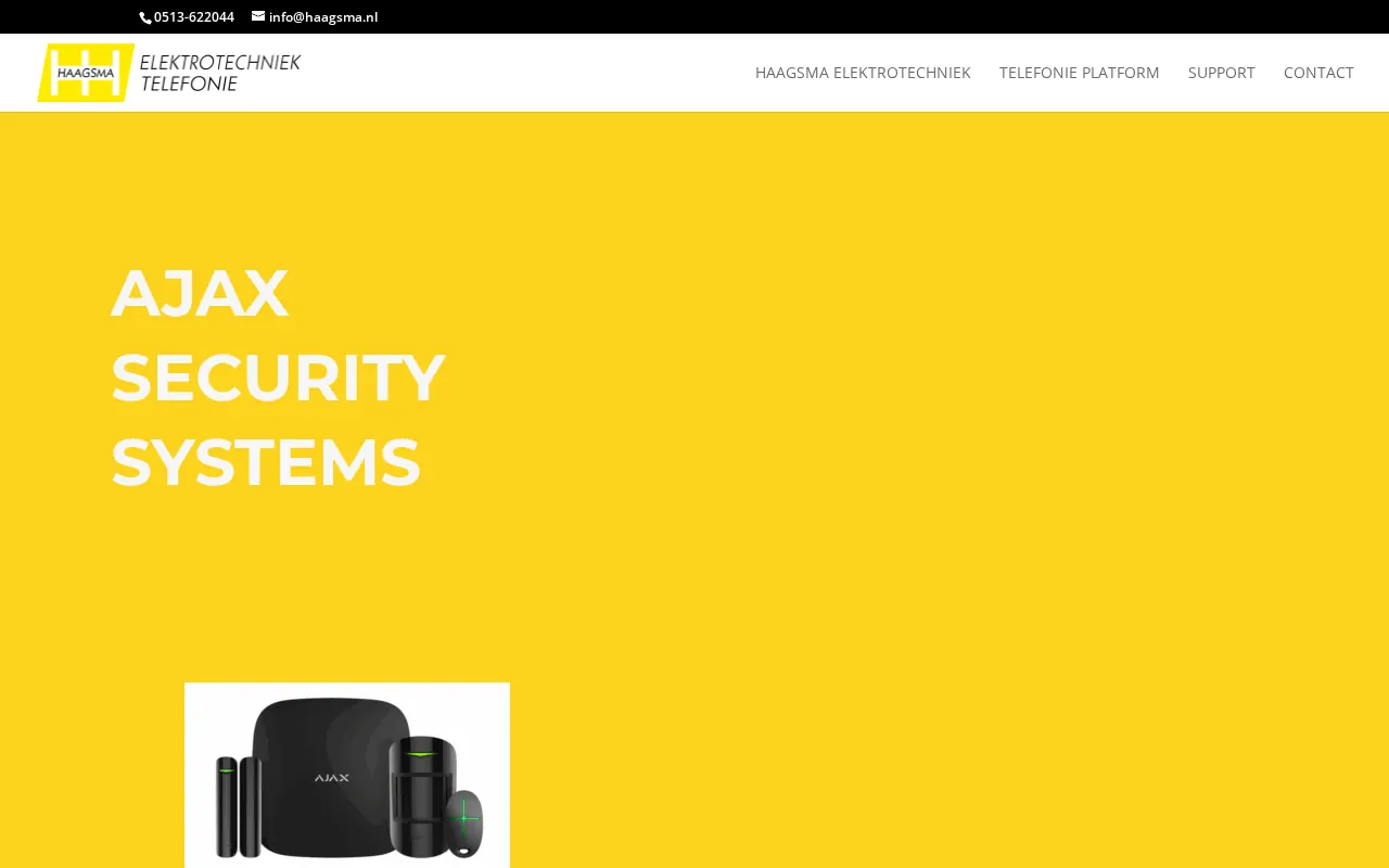 De oude pagina op /273-2/: een geel vlak met de kop Ajax Security Systems en een productfoto van een alarmset