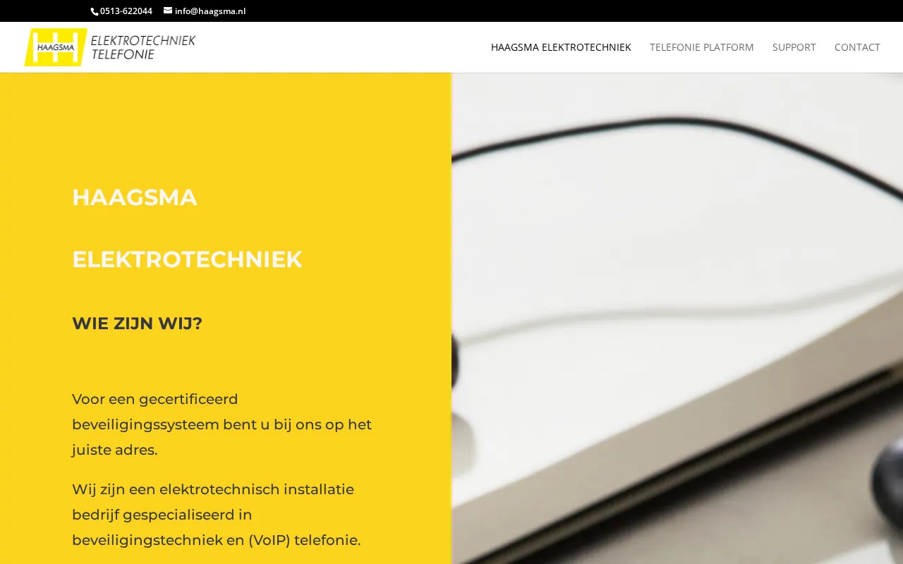 De oude WordPress-homepage van Haagsma: een geel vlak met de kop Haagsma Elektrotechniek en Wie zijn wij, naast een stockfoto, met in het menu Telefonie platform, Support en Contact