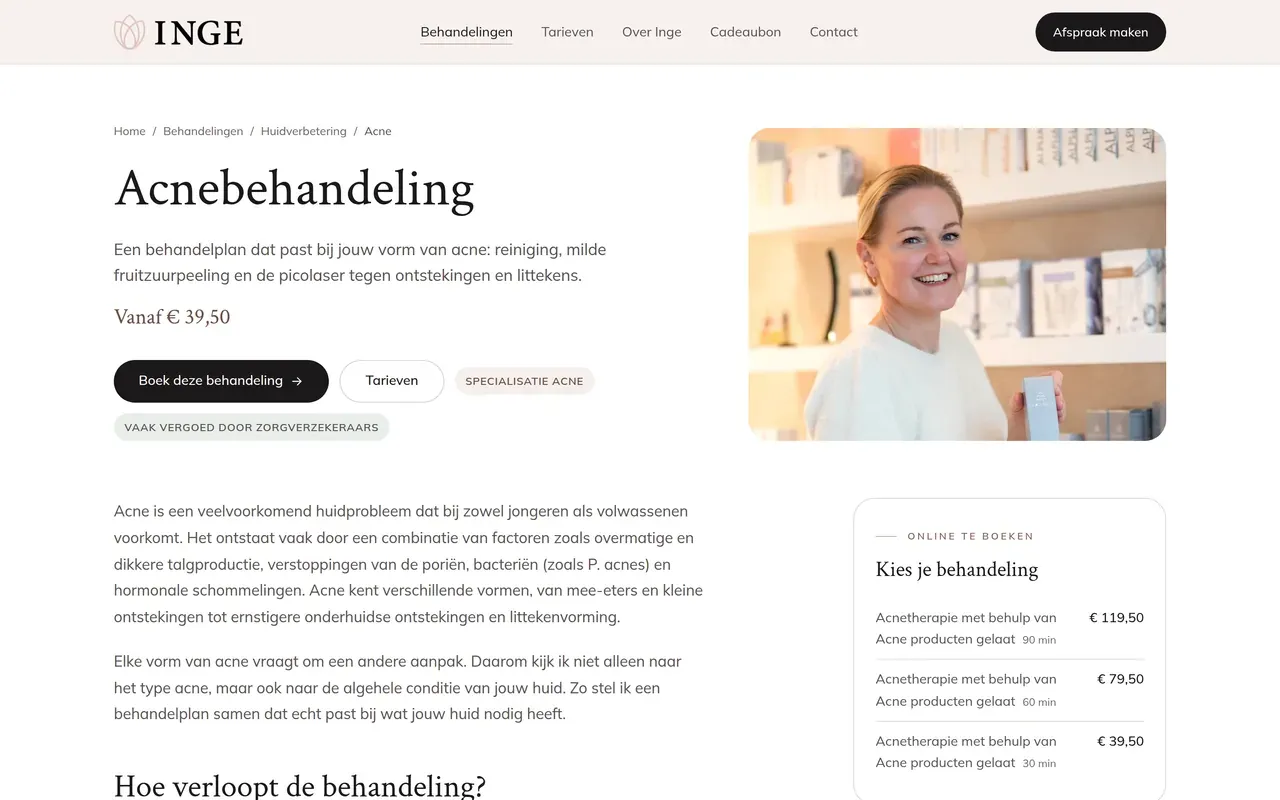 Behandelpagina Acne met vanafprijs, boekknop en de behandelingen uit de online agenda