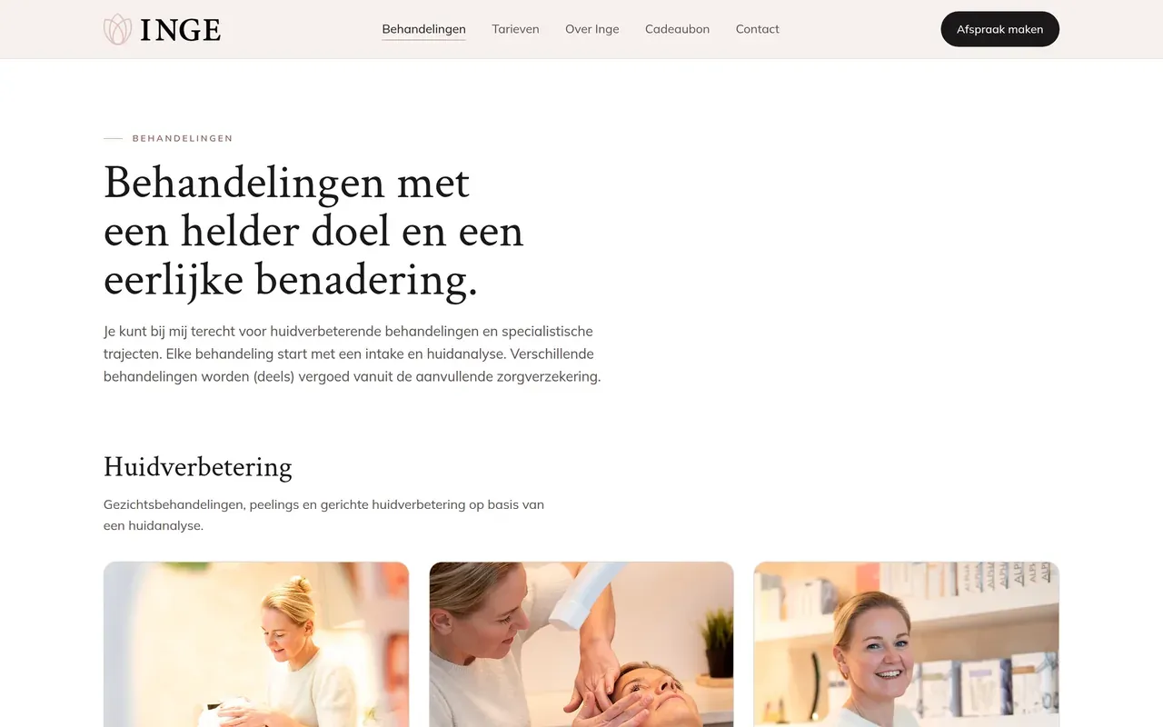 Behandelingenoverzicht van inge-schoonheidssalon.nl met de groep Huidverbetering en foto's uit de salon