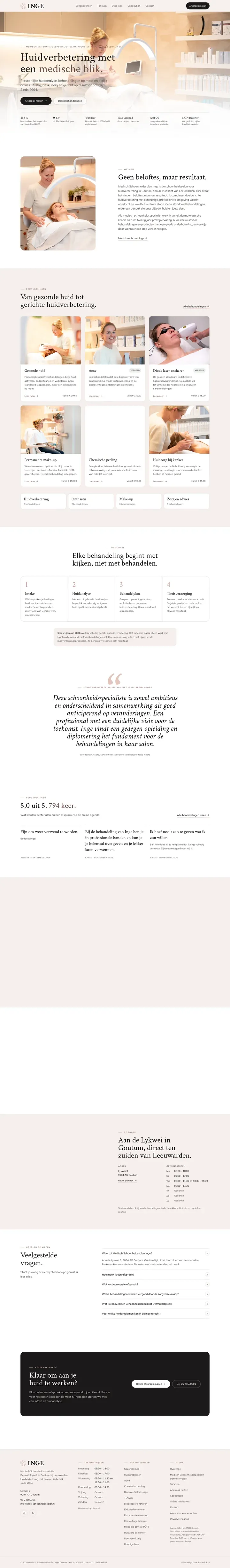 Volledige homepage van inge-schoonheidssalon.nl, van de openingsfoto tot de footer
