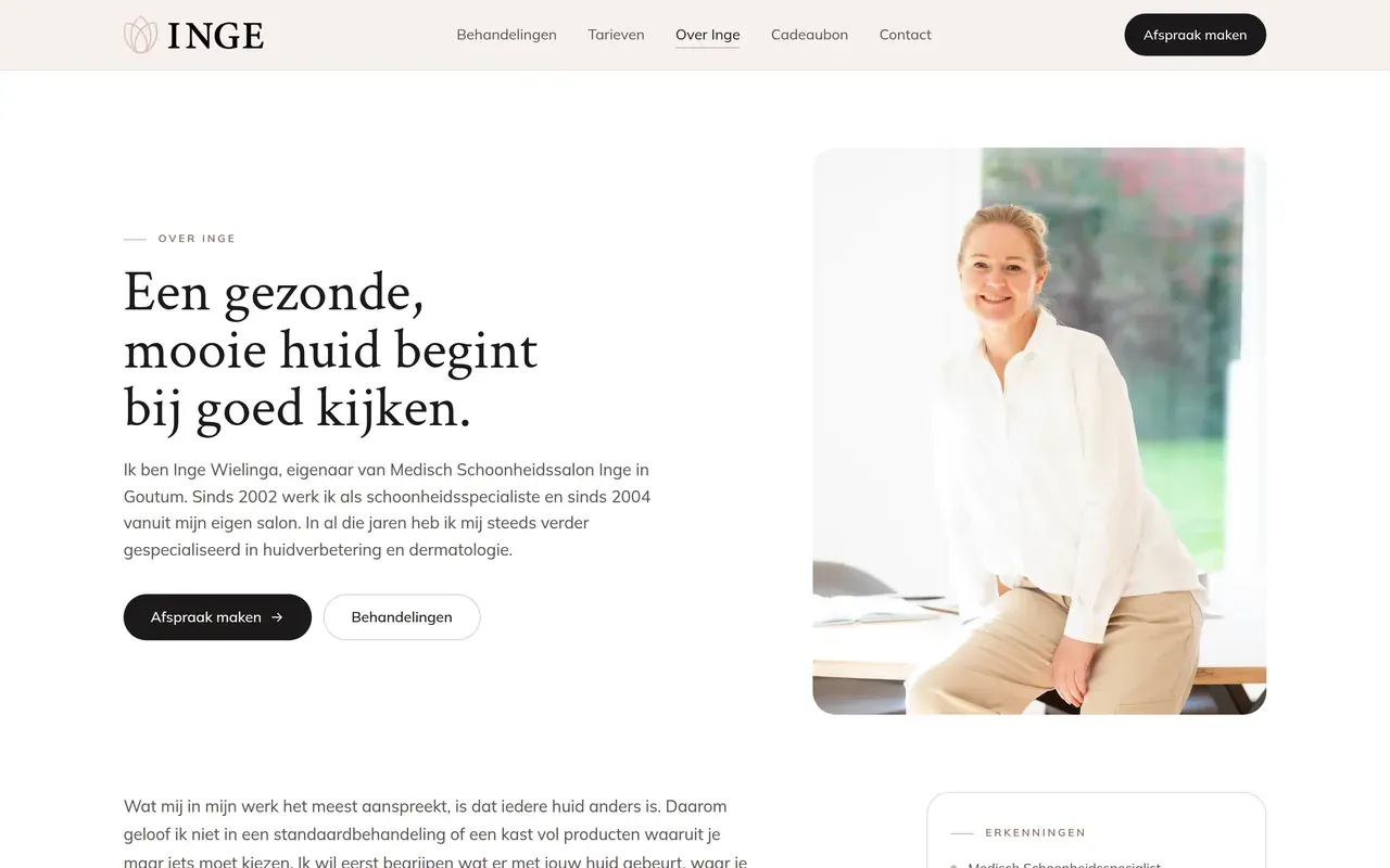 Pagina Over Inge met portretfoto van Inge Wielinga en haar verhaal