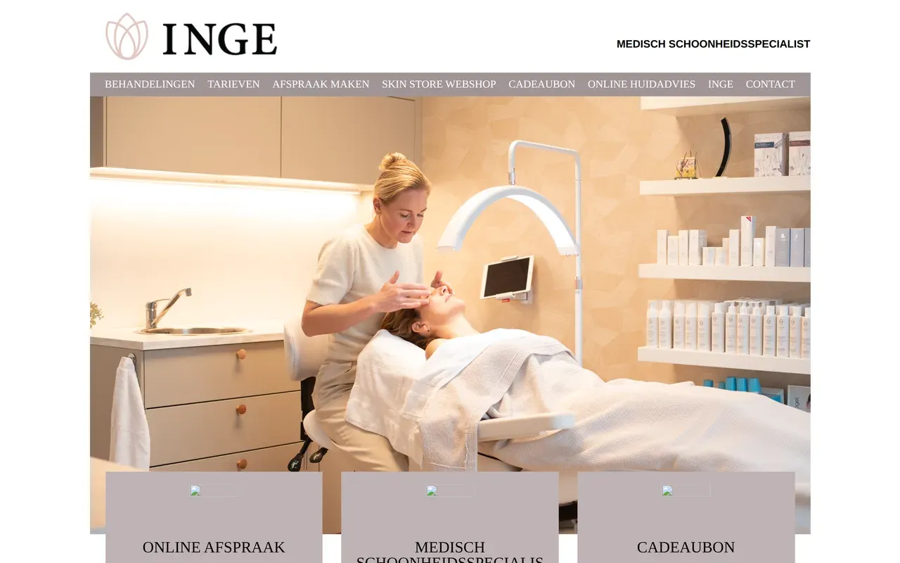 De oude WordPress-homepage van Schoonheidssalon Inge: grijze menubalk, grote foto en drie grijze blokken