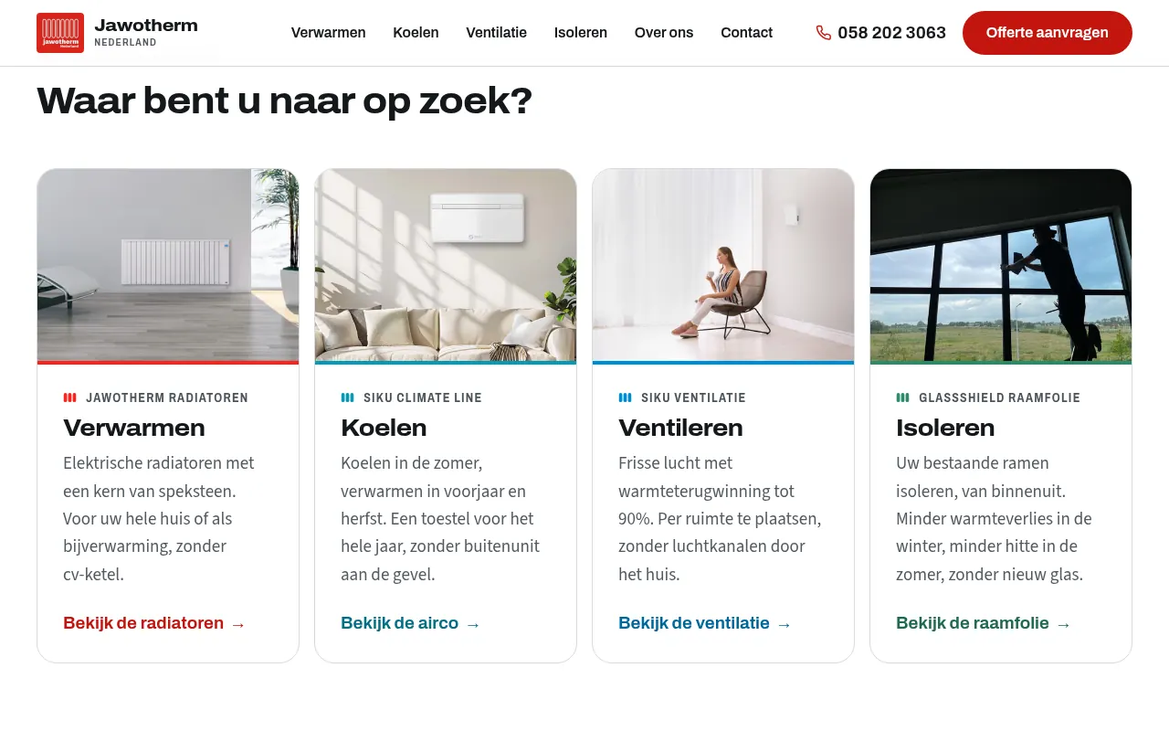 Homepage van jawotherm.nl met vier kaarten: Verwarmen, Koelen, Ventileren en Isoleren, elk met een foto en een eigen kleur