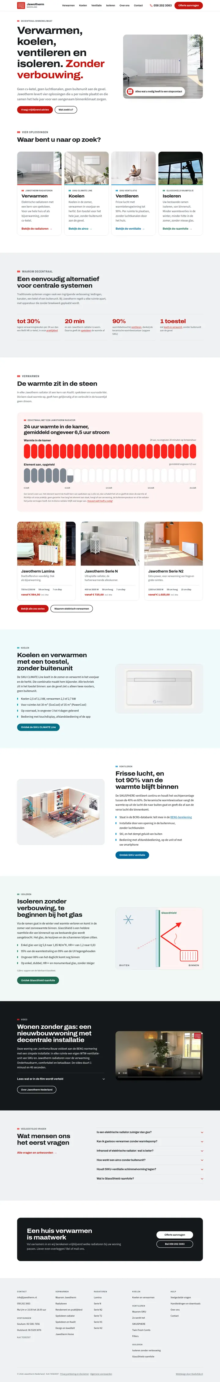 Homepage van jawotherm.nl, van de opening via de vier onderwerpen, de warmtegrafiek, koelen, ventilatie en isoleren tot de film en de veelgestelde vragen
