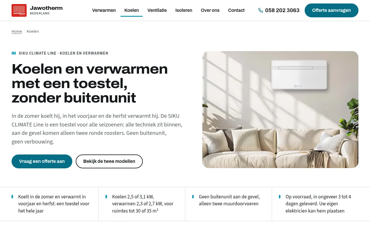 Pagina Koelen: koelen en verwarmen met een toestel, zonder buitenunit, met de airco in een lichte woonkamer