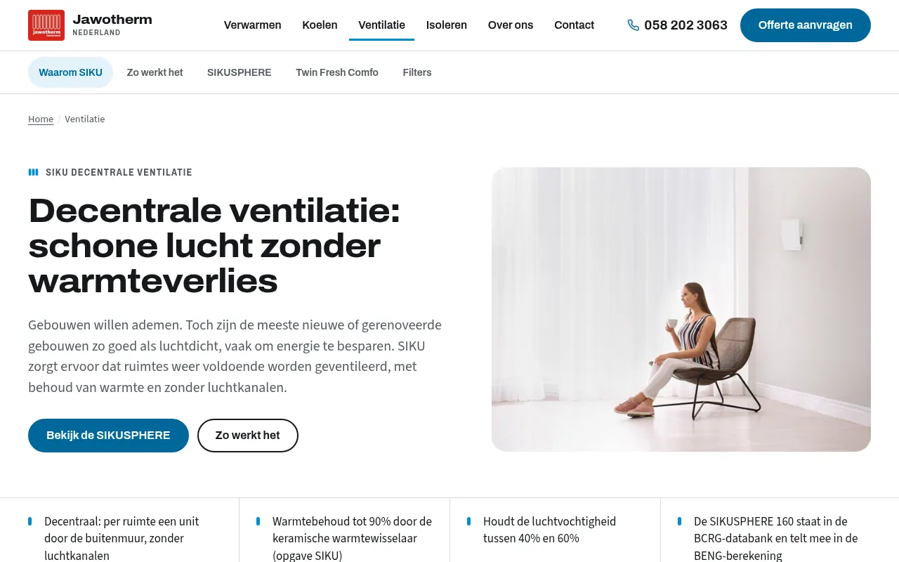 De nieuwe pagina Ventilatie: de kop Decentrale ventilatie, schone lucht zonder warmteverlies, met uitleg, twee knoppen, dezelfde foto en vier kernpunten eronder