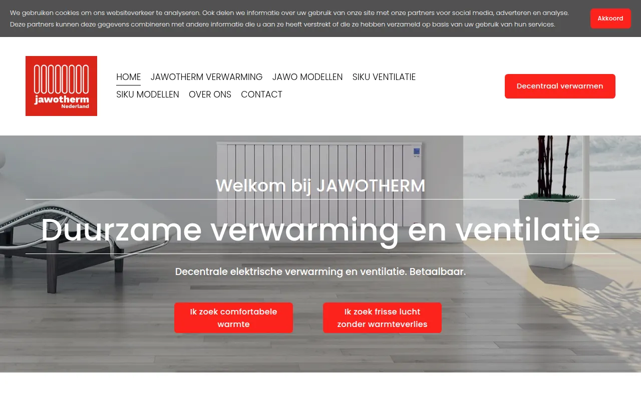 De oude Squarespace-homepage van Jawotherm: bovenaan een cookiebanner, daaronder een menu van twee regels en een grijze foto met de tekst Welkom bij JAWOTHERM, Duurzame verwarming en ventilatie