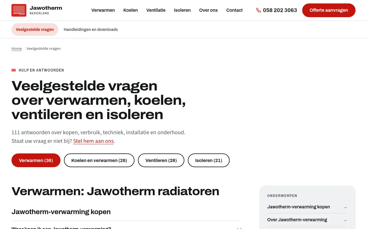 Pagina Veelgestelde vragen met knoppen per onderwerp: Verwarmen 36, Koelen en verwarmen 26, Ventileren 28 en Isoleren 21