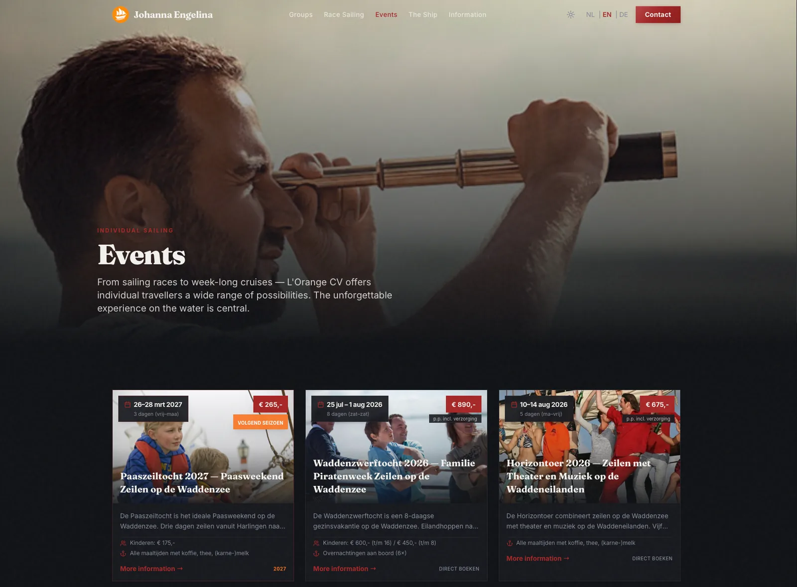 Johanna Engelina events pagina met zeilreizen en arrangement kaarten
