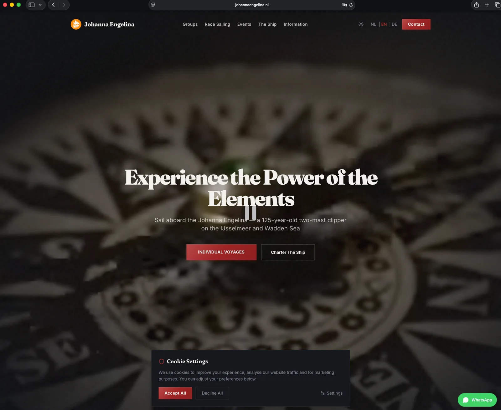Johanna Engelina homepage hero met kompasbeeld en centrale call-to-actions