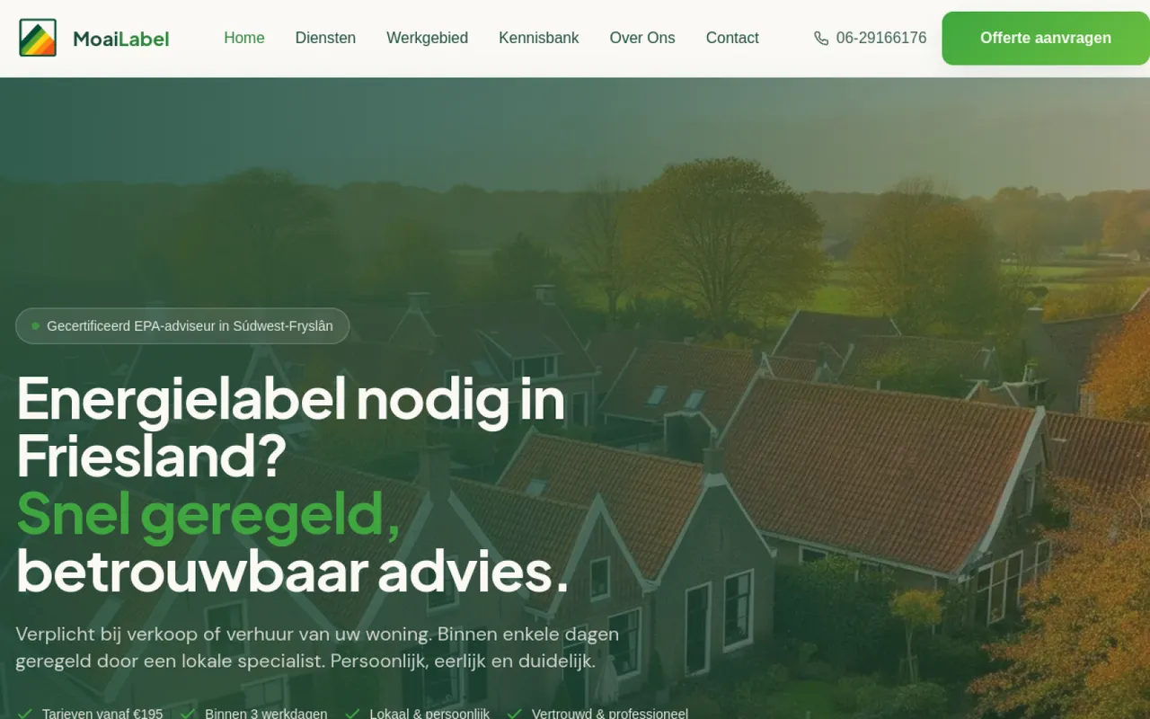 Homepagina van moailabel.nl — de website van MoaiLabel met de kop 'Energielabel nodig in Friesland? Snel geregeld, betrouwbaar advies.'