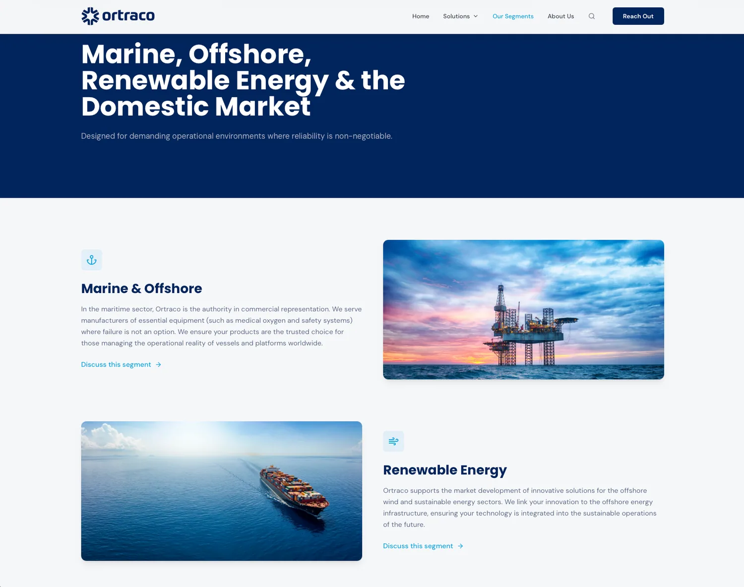 Ortraco segments pagina met offshore en renewable energy visuals