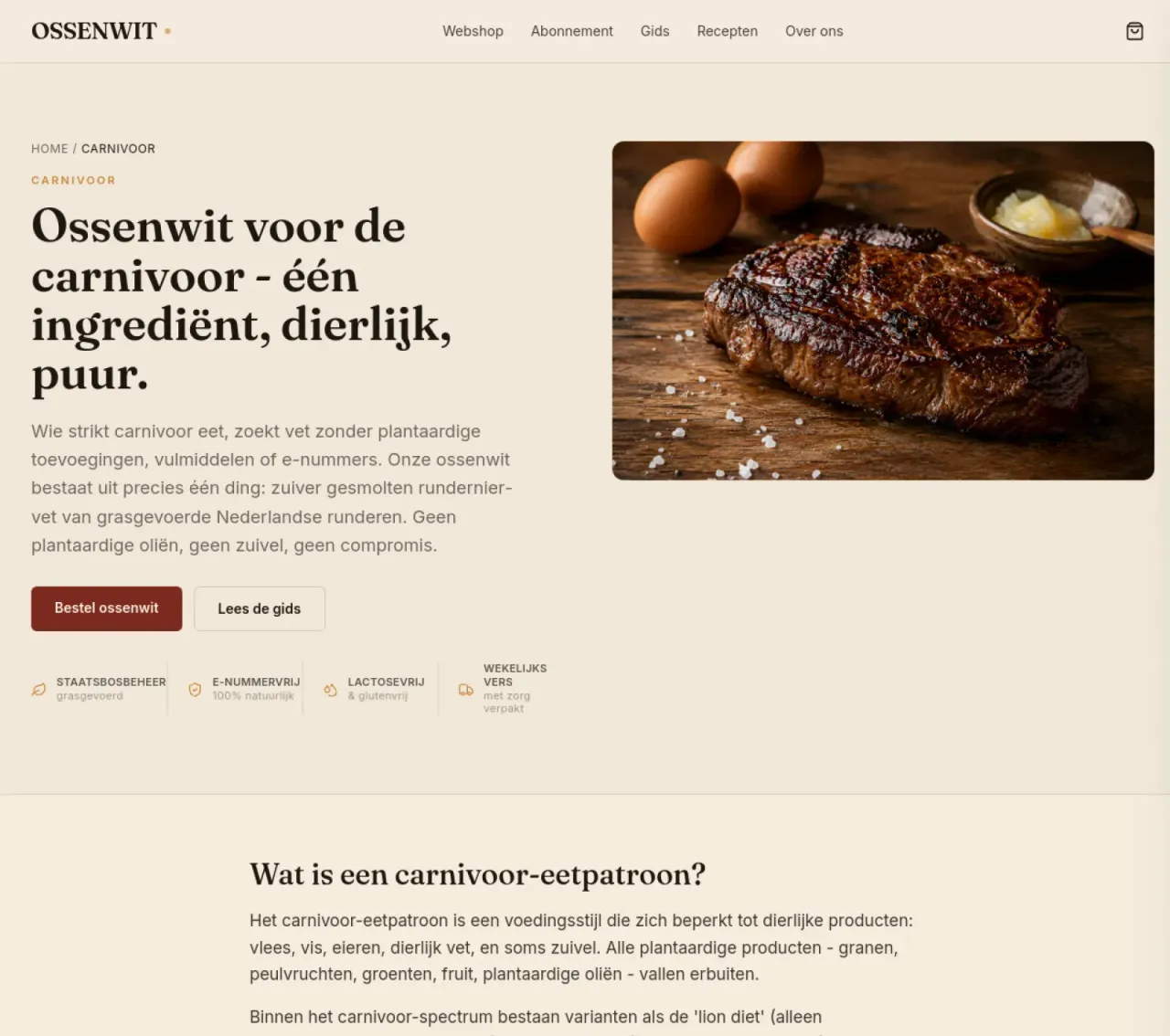 SEO-landingspagina van ossenwit.nl — 'Ossenwit voor de carnivoor' met een biefstukfoto en een uitlegblok eronder.