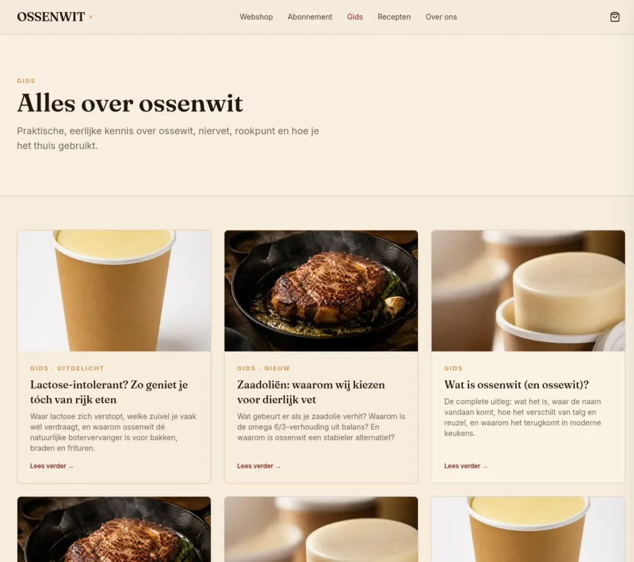 Gids-hub van ossenwit.nl — 'Alles over ossenwit' met een raster van artikelkaarten over gebruik en recepten.