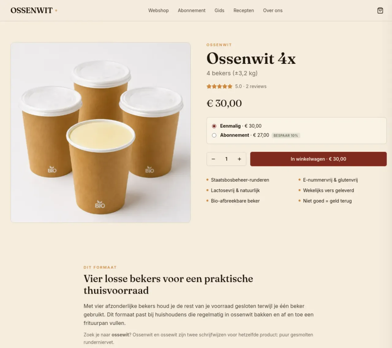 Productpagina van ossenwit.nl — 'Ossenwit 4x' met prijs, keuze tussen eenmalig en abonnement, en een winkelwagen-knop.