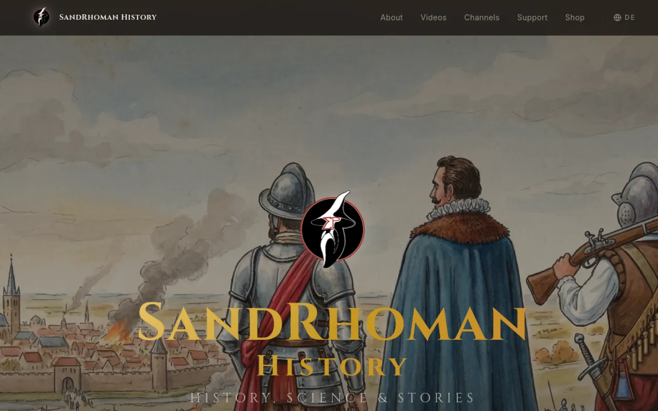 Homepagina van sandrhoman.com — de website van SandRhoman History, het geschiedeniskanaal met 500K+ abonnees.