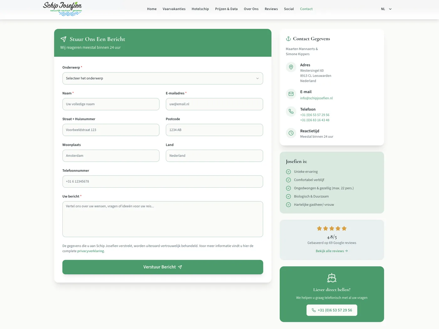 Schip Josefien website — desktop en mobiele weergave detailweergave
