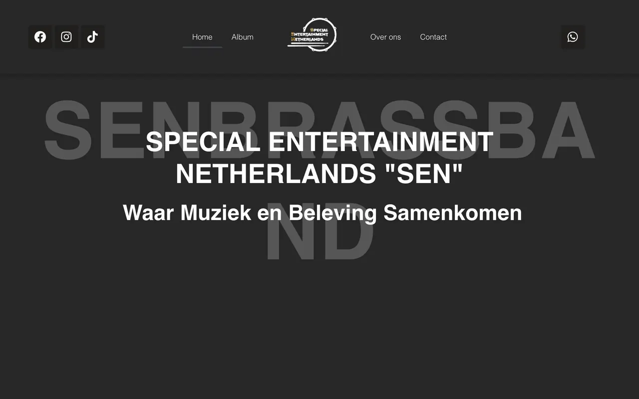 De oude WordPress-homepage van SEN: een donker vlak met de kop Special Entertainment Netherlands SEN en Waar Muziek en Beleving Samenkomen, met in het menu Home, Album, Over ons en Contact