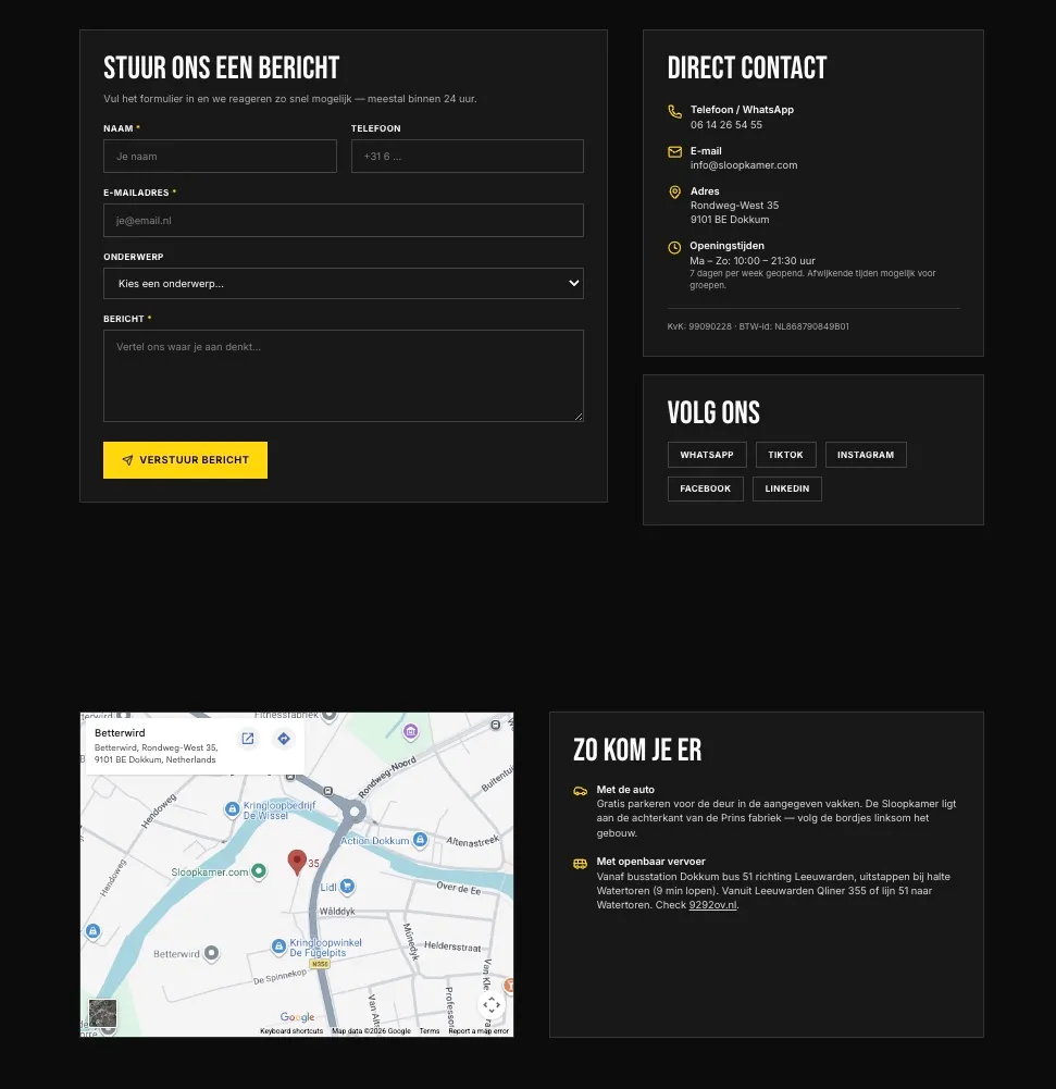 Nieuwe contactpagina van Sloopkamer met formulier, contactkaart, kaart en routeinformatie