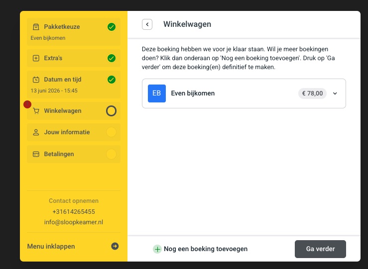 Oude winkelwagenstap van Sloopkamer in een witte booking widget