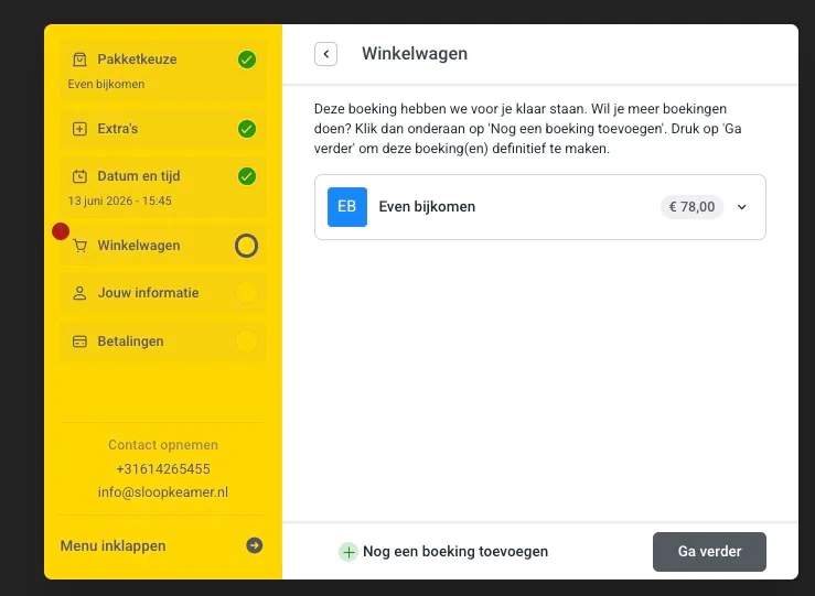 Oude winkelwagenstap van Sloopkamer in een witte booking widget
