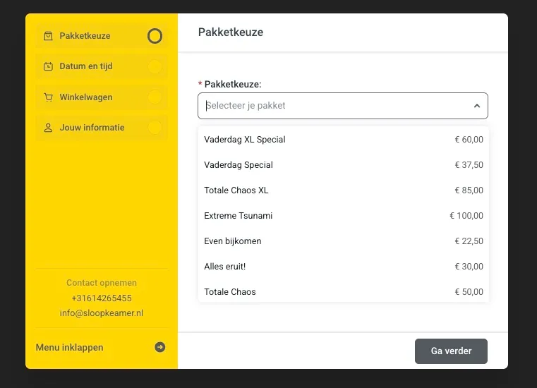 Oude boekingswidget met pakketkeuze in een witte dropdown