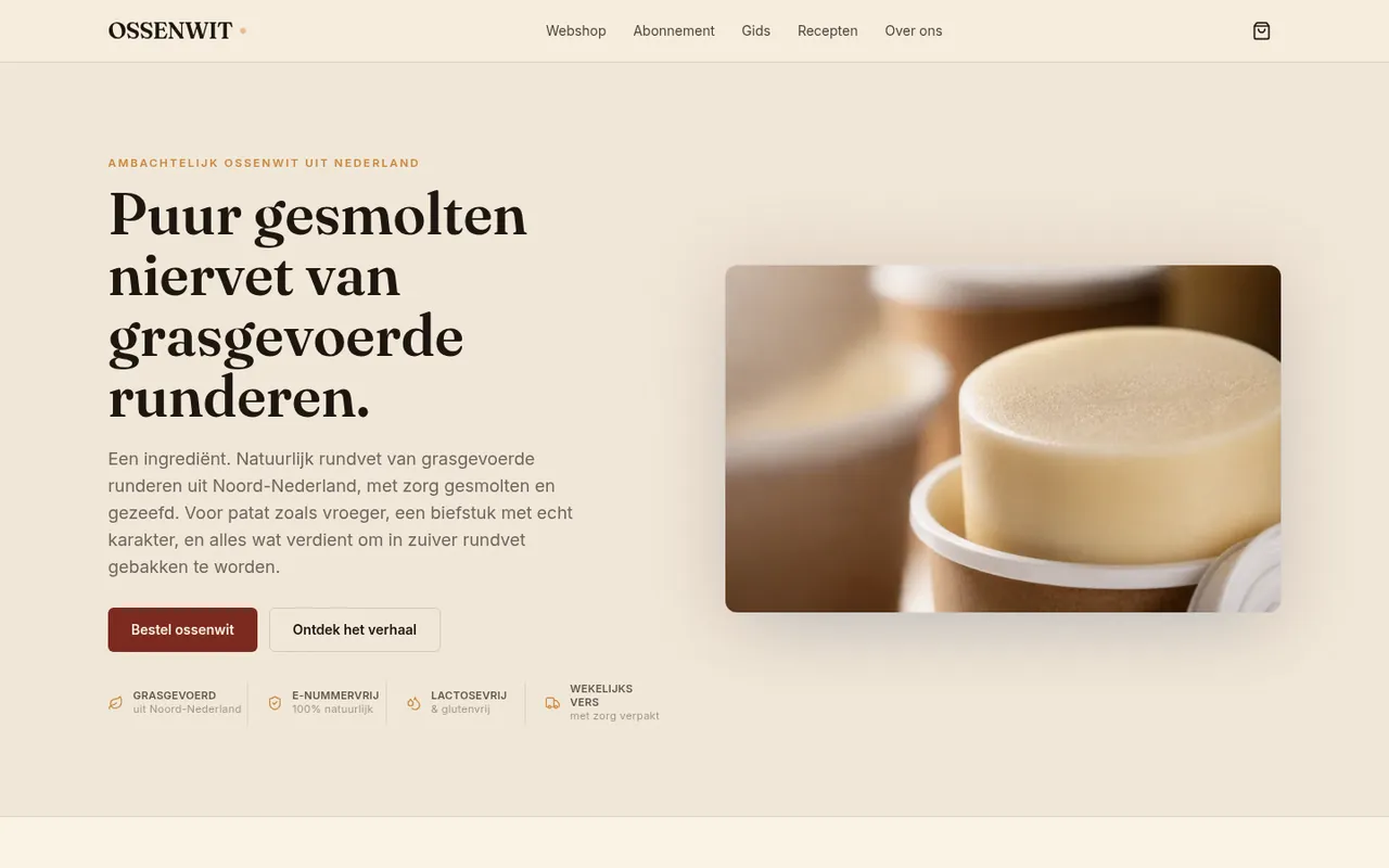 Homepage van ossenwit.nl, een webshop die StudioFab maatwerk bouwde