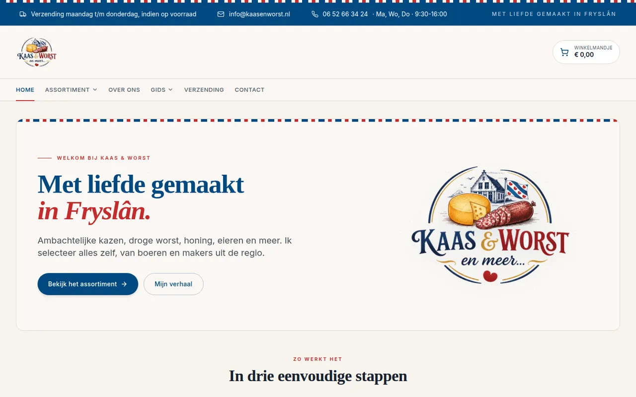 Homepage van worstenkaas.nl, de webshop van Kaas & Worst, door StudioFab maatwerk gebouwd