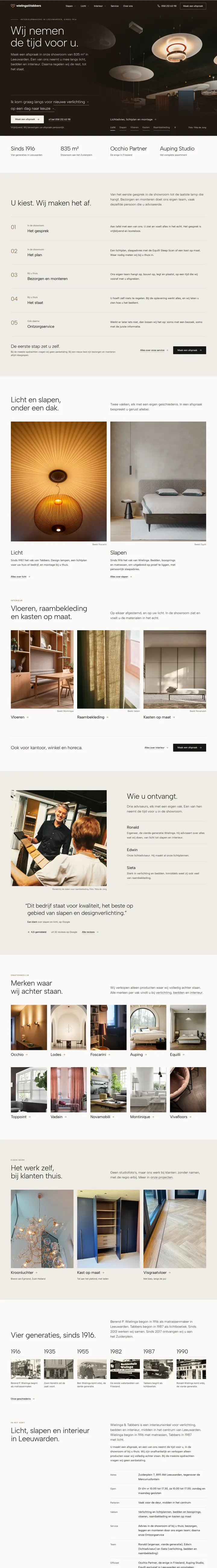 Homepage van wielingaentabbers.nl, van de donkere opening via de werkwijze, de merken en het eigen werk tot de geschiedenis sinds 1916