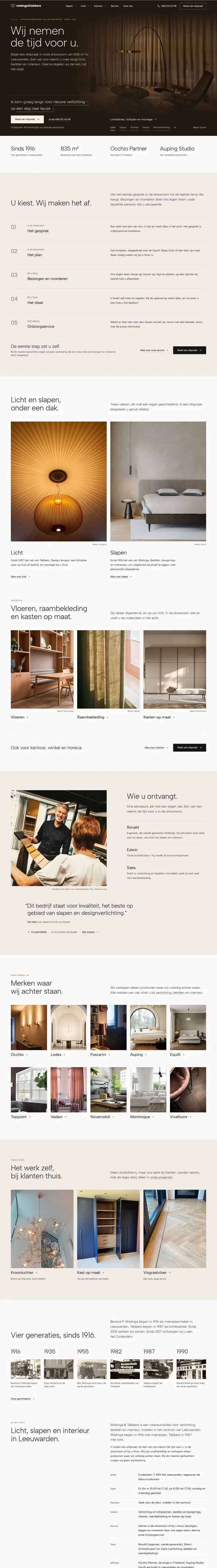 Homepage van wielingaentabbers.nl, van de donkere opening via de werkwijze, de merken en het eigen werk tot de geschiedenis sinds 1916