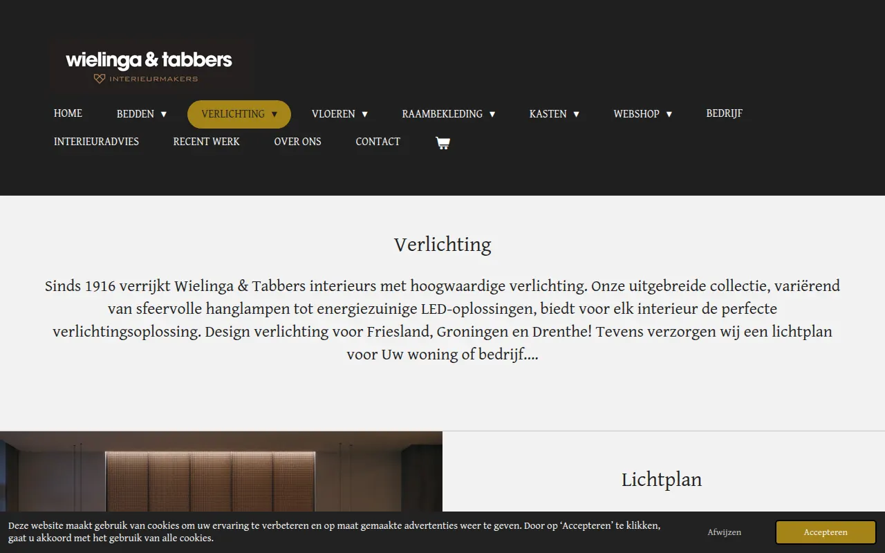 De oude pagina Verlichting op JouwWeb: zwarte menubalk en een blok gecentreerde tekst op een grijze achtergrond