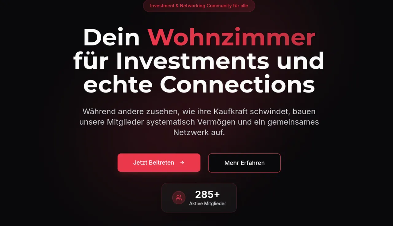 Homepagina van wohnzimmer.io — het membership-platform Wohnzimmer met de kop 'Dein Wohnzimmer für Investments und echte Connections'.